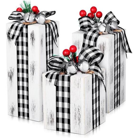 3 Pcs Christmas Wooden Gifts Box Christmas Plaid Presents Table Centerpieces - Picture 1 of 7